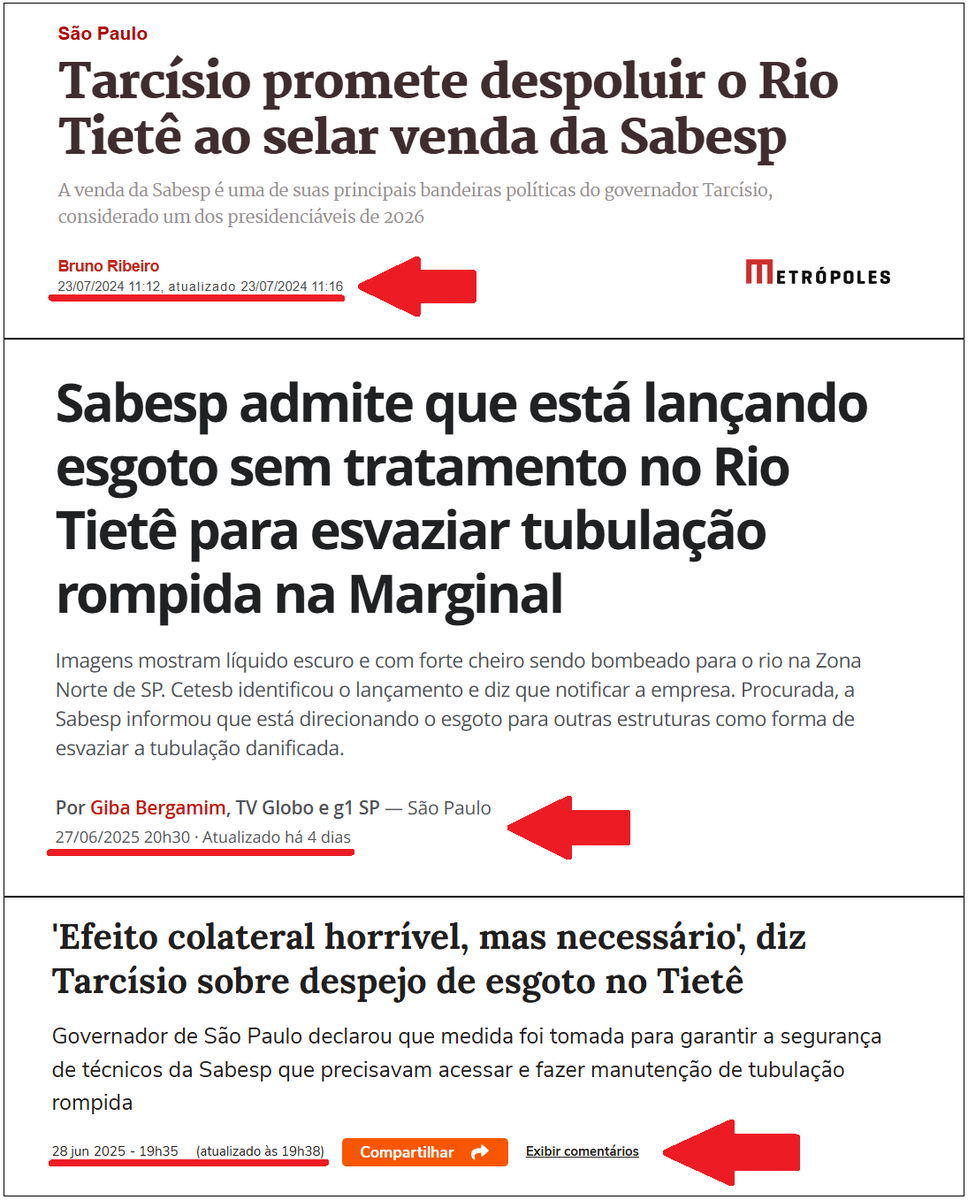 Vejam essas chamadas. São três momentos diferentes que mostram o quão errôneo foi a privatização da Sabesp e o cinismo do governador Tarcísio de Freitas ao justificar esse ato.

Links:

metropoles.com/sao-paulo/tarc…

g1.globo.com/sp/sao-paulo/n…

terra.com.br/vida-e-estilo/…

Parabéns!!!