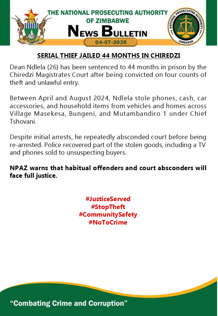 National Prosecuting Authority of Zimbabwe (@npazim) on Twitter photo Serial Thief Jailed 44 Months in Chiredzi
#CombatingCrimeAndCorruption
<a href="/gwasbuz/">george swarei</a> <a href="/TheMirrorMsv/">The Mirror Masvingo</a> <a href="/ZBCNewsonline/">ZBC News Online</a> <a href="/NewZimbabweCom/">NewZimbabwe.com</a> <a href="/NewZiana/">NewZiana News Agency</a> <a href="/StarFMNews/">Star FM News</a> <a href="/DiamondFMZim/">Diamond Fm Zim News</a> <a href="/GreatDykeNews/">Great Dyke News Online</a> <a href="/crimewatchzw/">Crime Watch Zimbabwe</a> <a href="/breezefmstereo/">Breeze FM Victoria Falls</a> <a href="/HeraldZimbabwe/">The Herald Zimbabwe</a> <a href="/HMetro_/">H-Metro</a> <a href="/3KtvZim/">3Ktv</a> <a href="/ZiFMStereo/">ZiFM Stereo</a> <a href="/zimstar_news/">Zimstar News</a> <a href="/NewsHawksLive/">TheNewsHawks</a> Serial Thief Jailed 44 Months in Chiredzi
#CombatingCrimeAndCorruption
<a href="/gwasbuz/">george swarei</a> <a href="/TheMirrorMsv/">The Mirror Masvingo</a> <a href="/ZBCNewsonline/">ZBC News Online</a> <a href="/NewZimbabweCom/">NewZimbabwe.com</a> <a href="/NewZiana/">NewZiana News Agency</a> <a href="/StarFMNews/">Star FM News</a> <a href="/DiamondFMZim/">Diamond Fm Zim News</a> <a href="/GreatDykeNews/">Great Dyke News Online</a> <a href="/crimewatchzw/">Crime Watch Zimbabwe</a> <a href="/breezefmstereo/">Breeze FM Victoria Falls</a> <a href="/HeraldZimbabwe/">The Herald Zimbabwe</a> <a href="/HMetro_/">H-Metro</a> <a href="/3KtvZim/">3Ktv</a> <a href="/ZiFMStereo/">ZiFM Stereo</a> <a href="/zimstar_news/">Zimstar News</a> <a href="/NewsHawksLive/">TheNewsHawks</a>