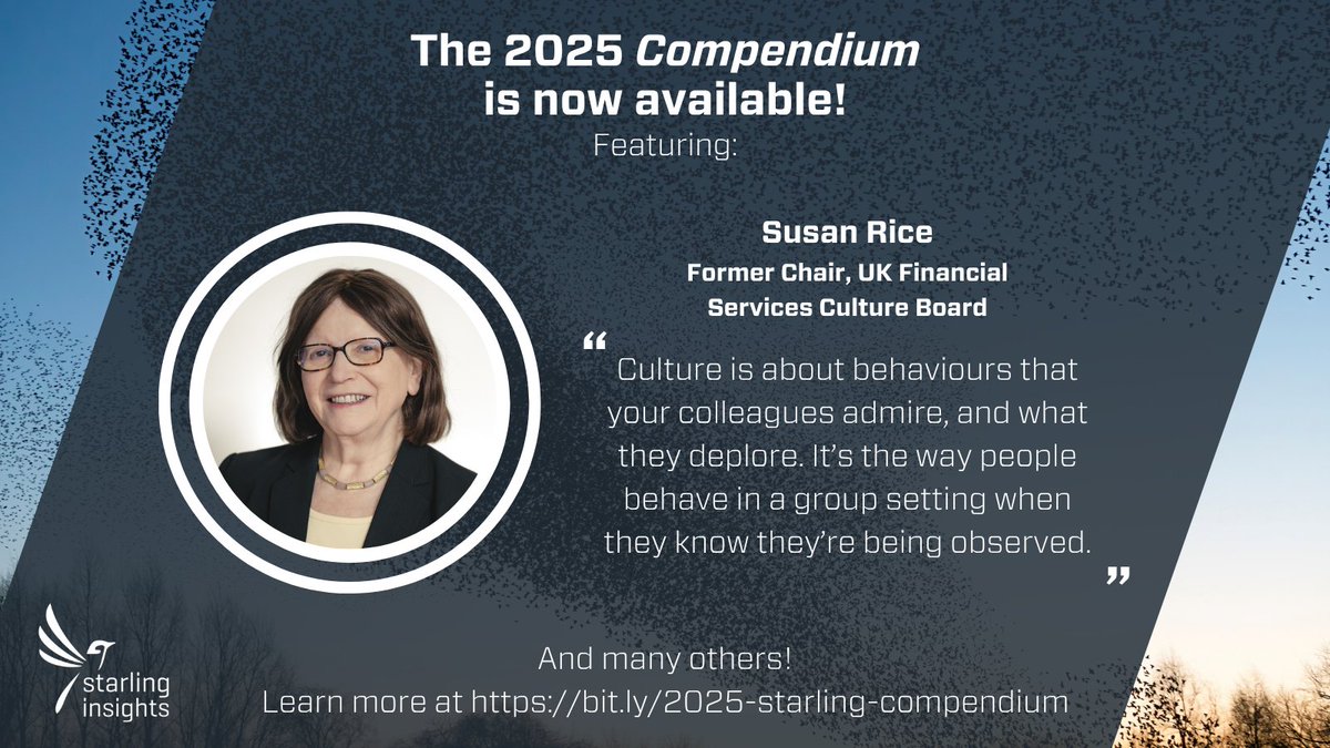 StarlingTrust's tweet image. Don't miss our interview with Susan Rice, former Chair of the UK Financial Services Culture Board, in our 2025 Compendium!
Rice argues that culture is not what people believe privately, but what they perform publicly. Culture isn’t what people do when no one’s looking, Rice…