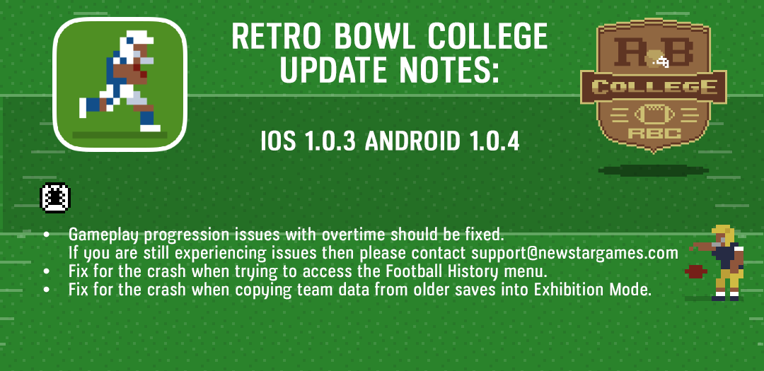 retro_bowl's tweet image. New update for Retro Bowl College should be available for everyone now. Hoping that we've fixed the reported crash issues and the problems with OT, but please get in touch if you see any problems. Thanks.