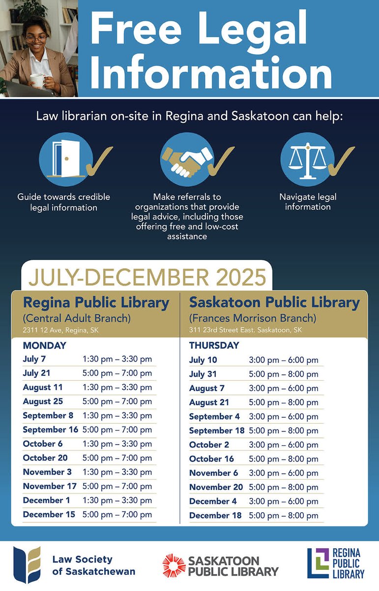 Are you in need of legal information but not sure where to start? Visit the Regina or Saskatoon Public Library to speak with a law librarian for free guidance on the right resources. #AccessToJustice #LegalSupport #LawLibrary #SaskatchewanLibraries #LegalHelp