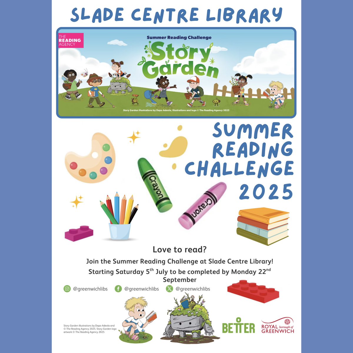GreenwichLibs's tweet image. The #SRC2025 begins tomorrow, 5 July and #SladeLibrary invites you to join the #StoryGarden fun! 🌺 Including a garden party, animal experiences, face painting, workshops, crafts, forest school and more to take part in! Some activities are booking, ask at the library desk 📚