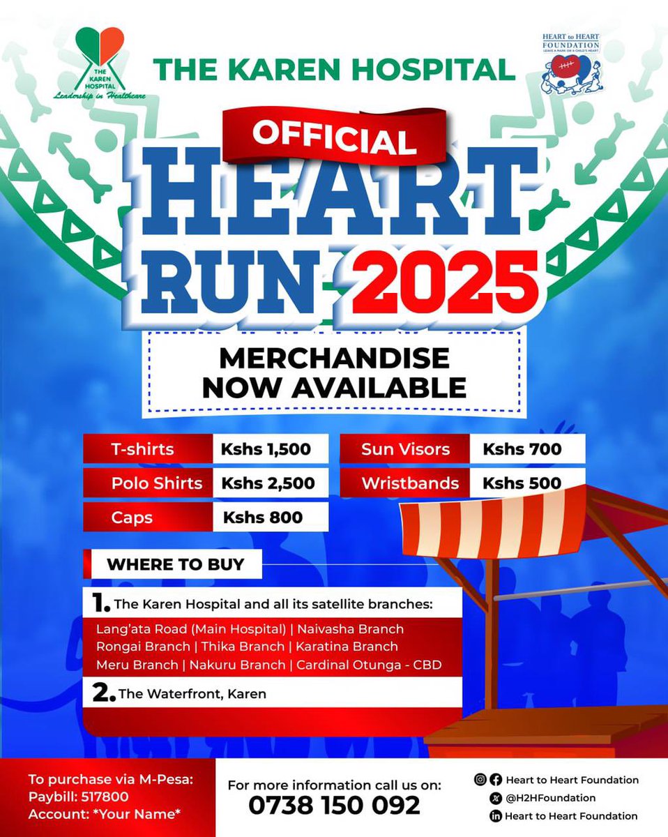 Radio47_Kenya's tweet photo. #TheKarenHospitalOfficialHeartRun is here!!! Tomorrow, from 7am, join us as we #runforpurpose. The Marathon Start Point is The Waterfront, Karen. Buy your merchandise via M-Pesa Paybill: 517800 and Account: *Your Name*
Join the movement!!
#tv47 #radio47 https://t.co/6LMuf2UAM7