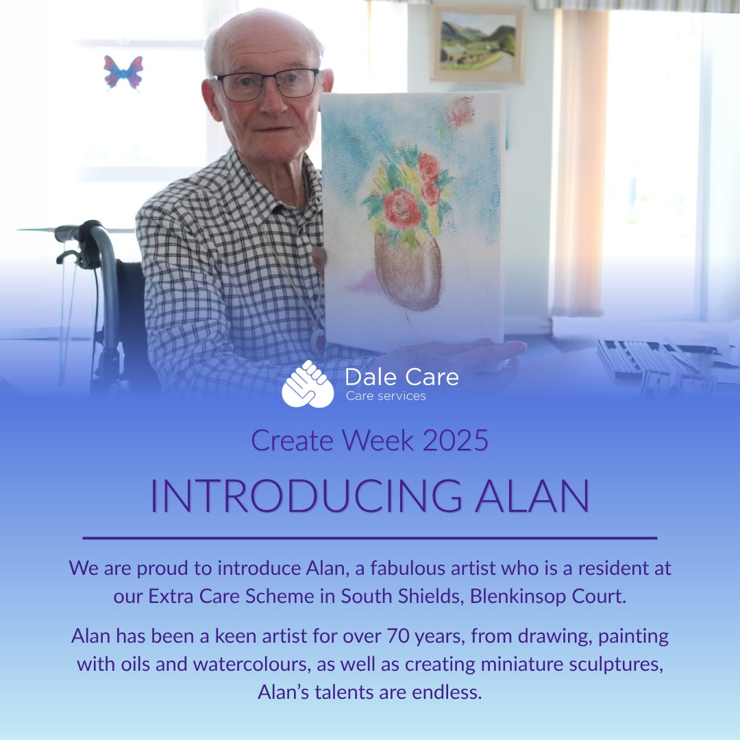 DaleCareNEast's tweet image. #CreateWeek highlights the benefits of #art on #mentalwellbeing. We&apos;d like to introduce Alan, a resident at our #ExtraCare, Blenkinsop Court in #SouthShields, who&apos;s been a passionate #artist for over 70 years. To learn more about Alan and his work visit: dalecare.co.uk/news/create-we…