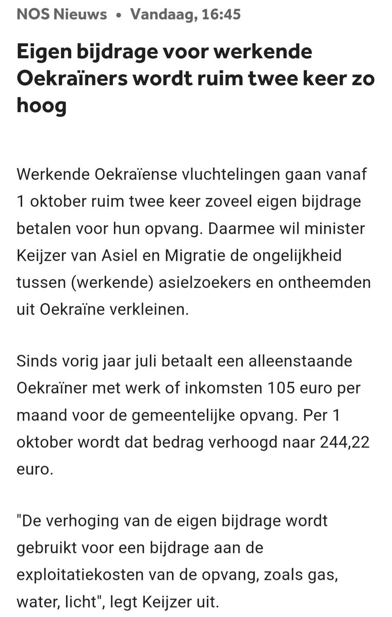 Een Oekraïns echtpaar dat gevlucht is naar hier (af en toe in hun dikke BMW teruggaat voor familiebezoek maar soit) en bv. ruim inkomen geniet uit aandelen betaalt voor een zeg all-in verblijf in een Nederlands hotel inclusief zorg momenteel dus €210,-

Per maand.

Zijn we gek!