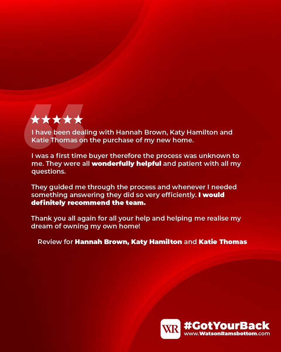 ⭐Thank you for helping me realise my dream!⭐

A fantastic five star review for Hannah, Katy and Katie from our Conveyancing Team in Darwen!

You can find out more about our wonderful team on our website: watsonramsbottom.com/team-staff/

#GotYourBack