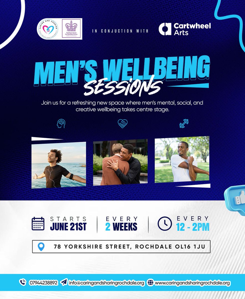 Tomorrow is another Men’s Wellbeing Session with Cartwheel Arts – a safe, relaxed space to pause, reflect, and reconnect. Your mental health matters.

Join us!

#CASRochdale #MensWellbeing #CommunityHealing #CASxCartwheelArts