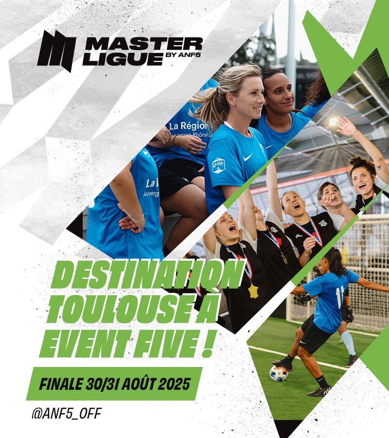 Anf5 (@anf5_off) on Twitter photo MASTER LIGUE 2025 – FINALE NATIONALE FOOT À 5
📍30 & 31 août à Toulouse : 18 équipes (H/F), 5 terrains, match de gala avec d’anciens pros. Du niveau, du show, de la passion. 
Un week-end 100 % respect, compète et plaisir. Un fil rouge surprise👀
Qui soulèvera le trophée 2025? MASTER LIGUE 2025 – FINALE NATIONALE FOOT À 5
📍30 & 31 août à Toulouse : 18 équipes (H/F), 5 terrains, match de gala avec d’anciens pros. Du niveau, du show, de la passion. 
Un week-end 100 % respect, compète et plaisir. Un fil rouge surprise👀
Qui soulèvera le trophée 2025?