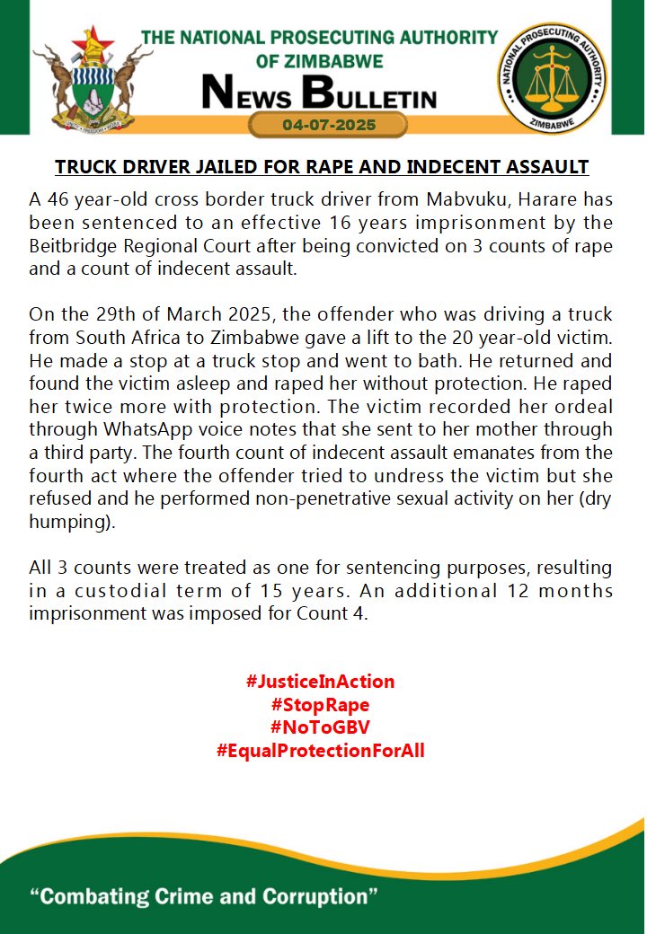 National Prosecuting Authority of Zimbabwe (@npazim) on Twitter photo Truck Driver Jailed for Rape and Indecent Assault
#CombatingCrimeAndCorruption
<a href="/gwasbuz/">george swarei</a> <a href="/enkudheni/">Padare-Enkundleni</a> <a href="/MUSASAZIM/">MUSASA</a> <a href="/AdultRapeClinic/">ARC</a> <a href="/MwanasikanaW/">Mwanasikana Wanhasi</a> <a href="/ShamwariyeMwana/">Shamwari Yemwanasikana</a> <a href="/DiamondFMZim/">Diamond Fm Zim News</a> <a href="/PlatinumFMZW/">Platinum FM</a> <a href="/ChronicleZim/">The Chronicle</a> <a href="/HMetro_/">H-Metro</a> <a href="/TheMirrorMsv/">The Mirror Masvingo</a> <a href="/NewZimbabweCom/">NewZimbabwe.com</a> <a href="/NewZiana/">NewZiana News Agency</a> <a href="/breezefmstereo/">Breeze FM Victoria Falls</a> <a href="/3KtvZim/">3Ktv</a> Truck Driver Jailed for Rape and Indecent Assault
#CombatingCrimeAndCorruption
<a href="/gwasbuz/">george swarei</a> <a href="/enkudheni/">Padare-Enkundleni</a> <a href="/MUSASAZIM/">MUSASA</a> <a href="/AdultRapeClinic/">ARC</a> <a href="/MwanasikanaW/">Mwanasikana Wanhasi</a> <a href="/ShamwariyeMwana/">Shamwari Yemwanasikana</a> <a href="/DiamondFMZim/">Diamond Fm Zim News</a> <a href="/PlatinumFMZW/">Platinum FM</a> <a href="/ChronicleZim/">The Chronicle</a> <a href="/HMetro_/">H-Metro</a> <a href="/TheMirrorMsv/">The Mirror Masvingo</a> <a href="/NewZimbabweCom/">NewZimbabwe.com</a> <a href="/NewZiana/">NewZiana News Agency</a> <a href="/breezefmstereo/">Breeze FM Victoria Falls</a> <a href="/3KtvZim/">3Ktv</a>