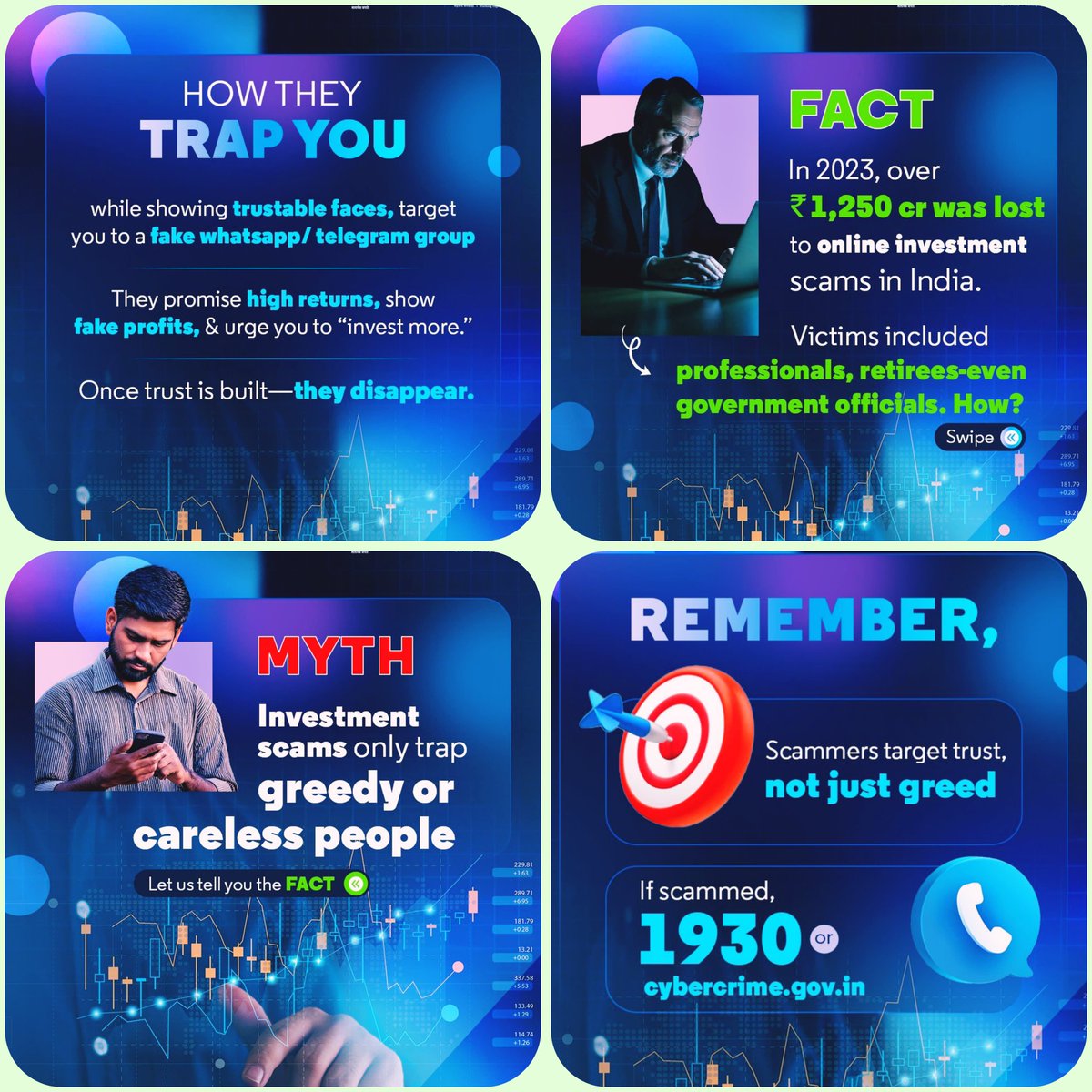 CISFNorth's tweet image. *Blind investing is no different from risking your savings in a gamble. Pause, Learn, then invest wisely.* 

Don’t depend entirely on others’ suggestions—do your own homework!
If you become a victim of fraud, report it without delay at: cybercrime.gov.in

#StayCyberSmart