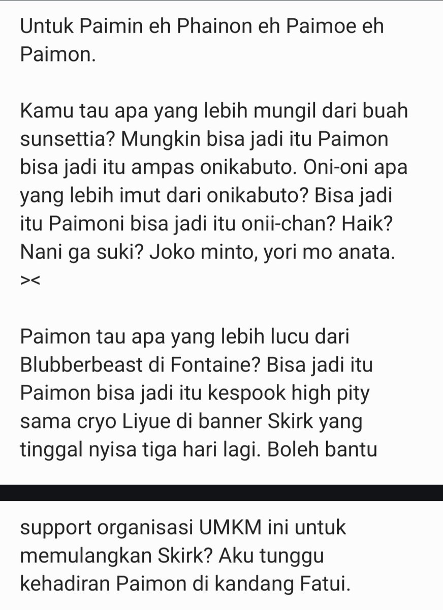 TheParalogizm's tweet photo. Eh- ada untukku?! Ada juga untuk Lyney-san, Teucer imut, dan Paimon-san! Manis semua, jadi senyum-senyum sendiri bacanya... https://t.co/6LE4Lpysuo