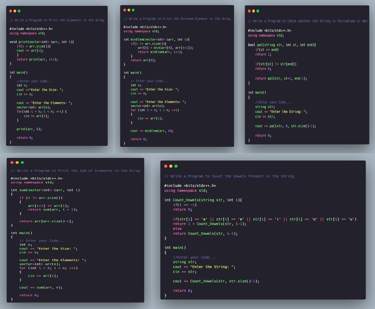 Naman_codes's tweet photo. #Day4 of #CodingJourney
1) #DSA: Practiced recursion in arrays &amp; strings:
-> Print all elements
-> Sum of elements
-> Find min element
-> Check palindrome
-> Count vowels
Recursion made it clear how breaking problems down simplifies array &amp; string tasks.
#100DaysOfCode #Recursion https://t.co/0KUlt05u6B