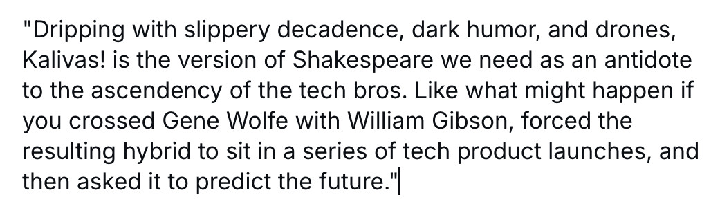 Nick Buy My Book Mamatas 🤼♂️🏴🧭 (@nmamatas) on Twitter photo Speaking of great Elizabethan drama, my book Kalivas! Or, Another Tempest, got a blurb from Brian Evenson! Speaking of great Elizabethan drama, my book Kalivas! Or, Another Tempest, got a blurb from Brian Evenson!