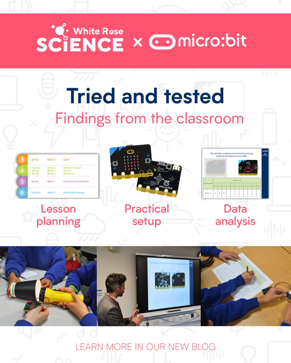 WhiteRoseEd's tweet image. At White Rose Science we’ve made the integration of the @microbit_edu easy for teachers. We have tested our resources in real classrooms and used our findings to make sure every experiment is:
✅ Supported with ready-made code
✅ Backed by clear teacher guidance
✅ Broken down…