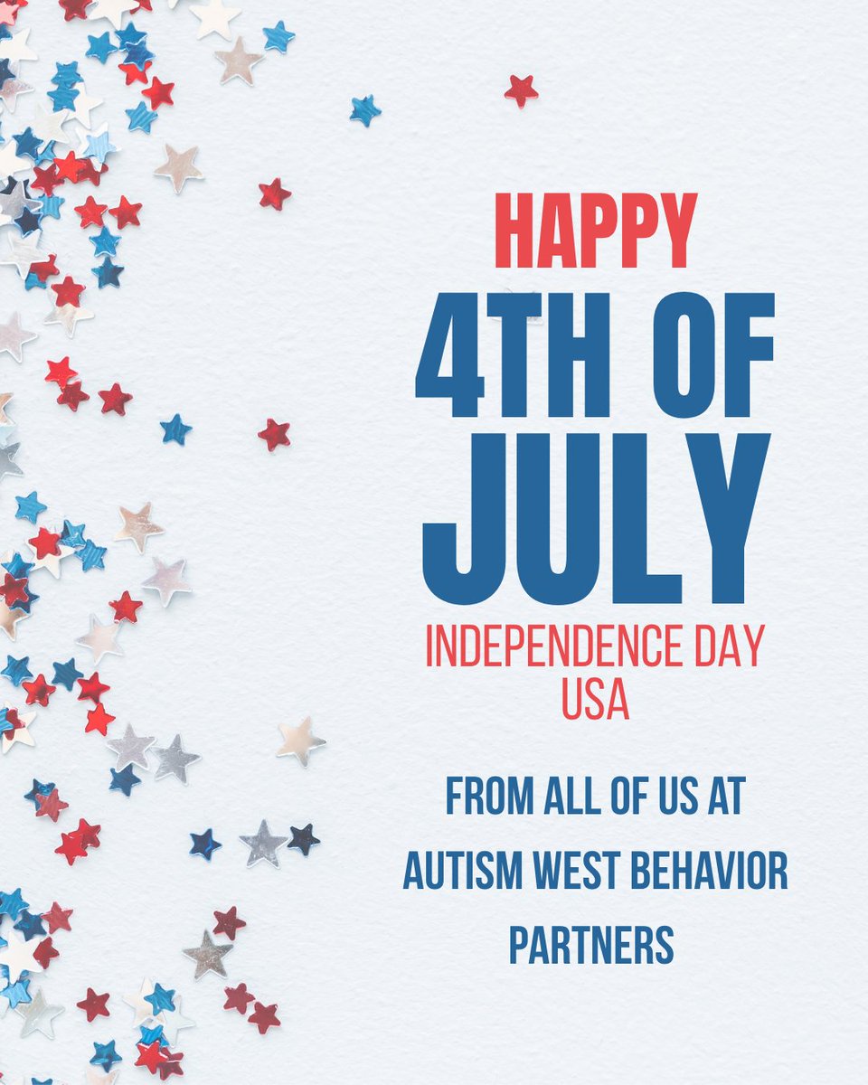 🎆🇺🇸 Happy Independence Day! 🇺🇸🎆
From all of us at Autism West Behavior Partners, we wish you a safe and joyful 4th of July! 💙❤️🤍

#FourthOfJuly #IndependenceDay #CelebrateFreedom #CommunityMatters