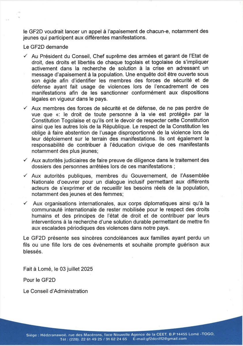 GF2D-CRIFF (@gf2dcriff) on Twitter photo Nous, l’ODDF GF2D, sommes soucieuse comme tous les autres OSC, de la situation qui prévaut actuellement dans notre cher pays.
L’intégralité du communiqué à lire ci dessous 👇🏽
<a href="/GouvTg/">Gouvernement Togolais/Togolese Government</a> <a href="/MDHFCRIR_TG/">MINISTÈRE DES DROITS DE L'HOMME - TOGO</a> <a href="/CndhTogo/">CNDH TOGO</a> <a href="/unhrcpr/">UNHumanRightsCouncil</a> <a href="/ONUFemmes/">ONU Femmes</a> <a href="/UNFPATogo/">UNFPA Togo</a> <a href="/UNICEF/">UNICEF</a> <a href="/PnudTogo/">Pnud Togo</a> <a href="/cacit_togo/">CACIT Togo</a> <a href="/PlanIntl/">Plan International</a> Nous, l’ODDF GF2D, sommes soucieuse comme tous les autres OSC, de la situation qui prévaut actuellement dans notre cher pays.
L’intégralité du communiqué à lire ci dessous 👇🏽
<a href="/GouvTg/">Gouvernement Togolais/Togolese Government</a> <a href="/MDHFCRIR_TG/">MINISTÈRE DES DROITS DE L'HOMME - TOGO</a> <a href="/CndhTogo/">CNDH TOGO</a> <a href="/unhrcpr/">UNHumanRightsCouncil</a> <a href="/ONUFemmes/">ONU Femmes</a> <a href="/UNFPATogo/">UNFPA Togo</a> <a href="/UNICEF/">UNICEF</a> <a href="/PnudTogo/">Pnud Togo</a> <a href="/cacit_togo/">CACIT Togo</a> <a href="/PlanIntl/">Plan International</a>