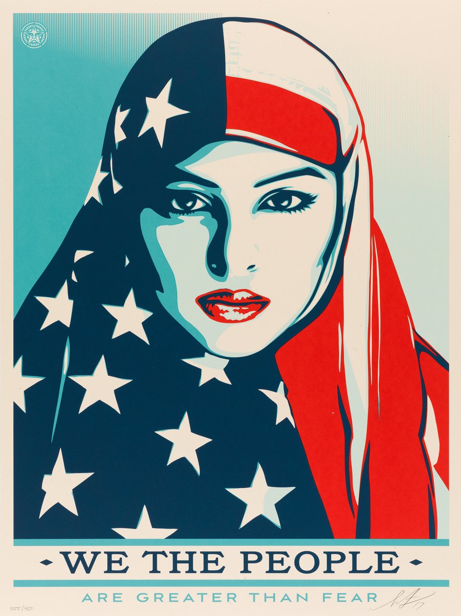 SFMOMA's tweet image. On July 4th, we reflect on the evolving meaning of “We the People.”
These works by Shepard Fairey, part of his "We the People" series (2017), confront exclusion and assert visibility, highlighting the values of dignity, protection, and courage in the face of fear.