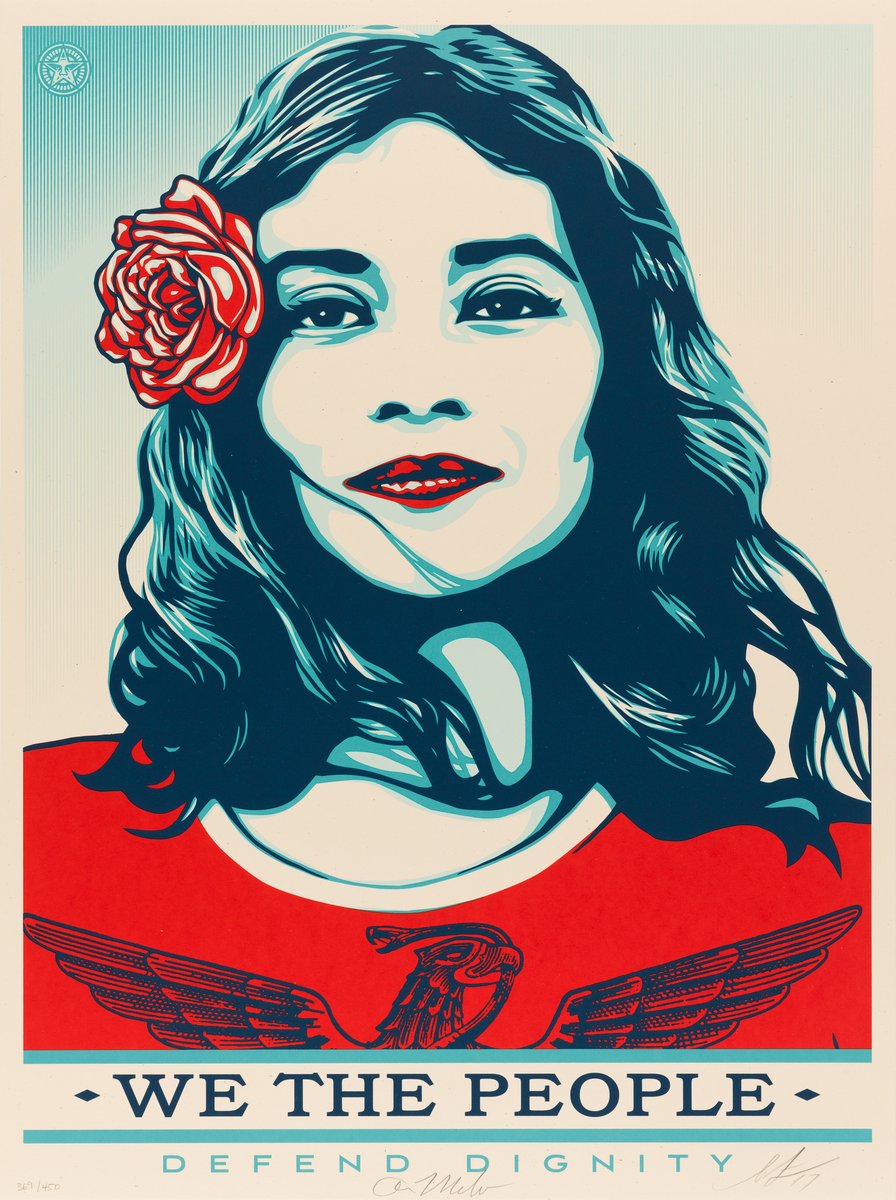 SFMOMA's tweet image. On July 4th, we reflect on the evolving meaning of “We the People.”
These works by Shepard Fairey, part of his "We the People" series (2017), confront exclusion and assert visibility, highlighting the values of dignity, protection, and courage in the face of fear.