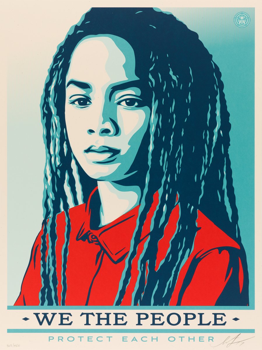 SFMOMA's tweet image. On July 4th, we reflect on the evolving meaning of “We the People.”
These works by Shepard Fairey, part of his "We the People" series (2017), confront exclusion and assert visibility, highlighting the values of dignity, protection, and courage in the face of fear.