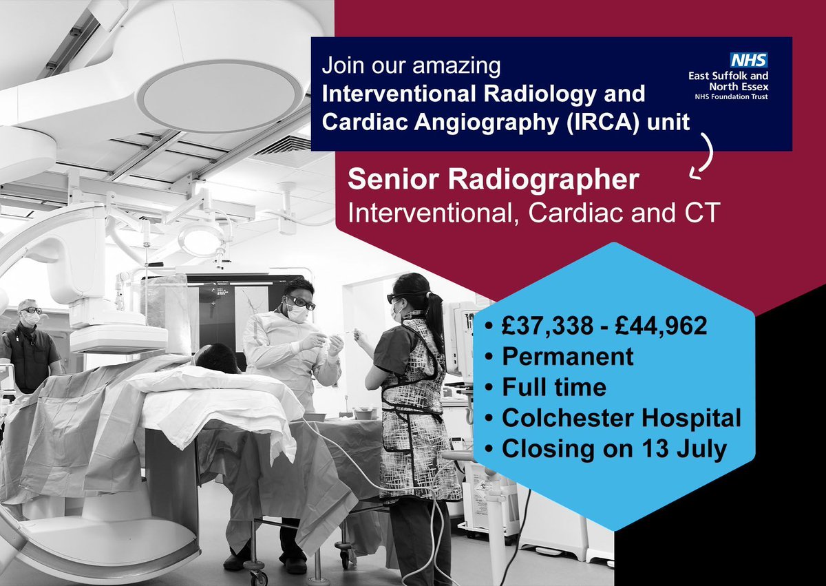 #TeamESNEFT are seeking a forward thinking radiographer to thrive in our Interventional Radiology and Cardiac Angiography (IRCA) unit at Colchester Hospital👇 

💻 Apply here: buff.ly/cUt6Nnf 

#NHS #NHSJobs #Radiology #Cardiac #JobsInRadiography #HiringNow <a href="/The_HCPC/">HCPC</a>