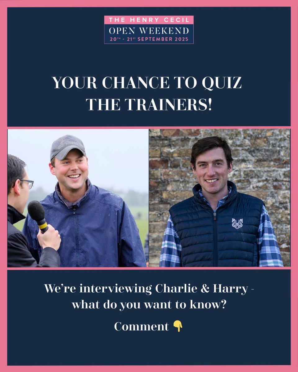 Henry Cecil Open Weekend (@henrycecilwknd) on Twitter photo 💬 We’re catching up with racehorse trainers Charlie Fellowes (<a href="/FellowesRacing/">Charlie Fellowes</a>) and Harry Eustace (<a href="/H_Eustace/">Harry Eustace</a>) and we want YOUR questions.
Leave a question below 👇 💬 We’re catching up with racehorse trainers Charlie Fellowes (<a href="/FellowesRacing/">Charlie Fellowes</a>) and Harry Eustace (<a href="/H_Eustace/">Harry Eustace</a>) and we want YOUR questions.
Leave a question below 👇