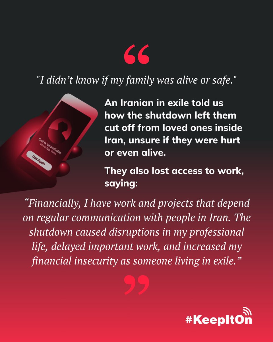 accessnow's tweet image. Recent internet shutdowns in Iran have left millions cut off from loved ones and the world.
Iranians share the emotional, financial, and personal toll of the recent shutdowns in Iran. ⬇️
Have you been affected? Share your story securely:
accessnow.org/keepiton-share…