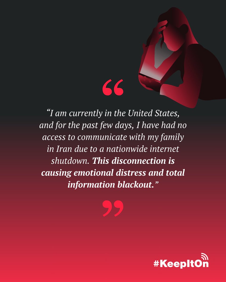 accessnow's tweet image. Recent internet shutdowns in Iran have left millions cut off from loved ones and the world.
Iranians share the emotional, financial, and personal toll of the recent shutdowns in Iran. ⬇️
Have you been affected? Share your story securely:
accessnow.org/keepiton-share…