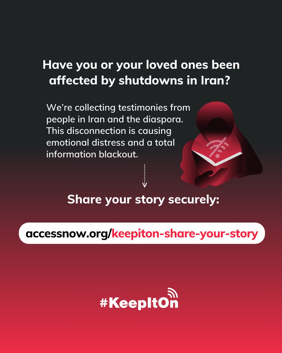 accessnow's tweet image. Recent internet shutdowns in Iran have left millions cut off from loved ones and the world.
Iranians share the emotional, financial, and personal toll of the recent shutdowns in Iran. ⬇️
Have you been affected? Share your story securely:
accessnow.org/keepiton-share…