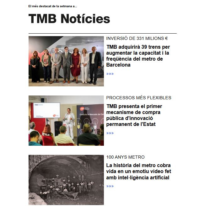 📰 Aquests són alguns dels principals continguts de la setmana sobre el transport públic #metrobcn i #busbcn publicats en el nostre portal #TMBNotícies.
📧 Si els vols rebre periòdicament subscriu-te al nostre butlletí: ow.ly/FnVs50VHE1F