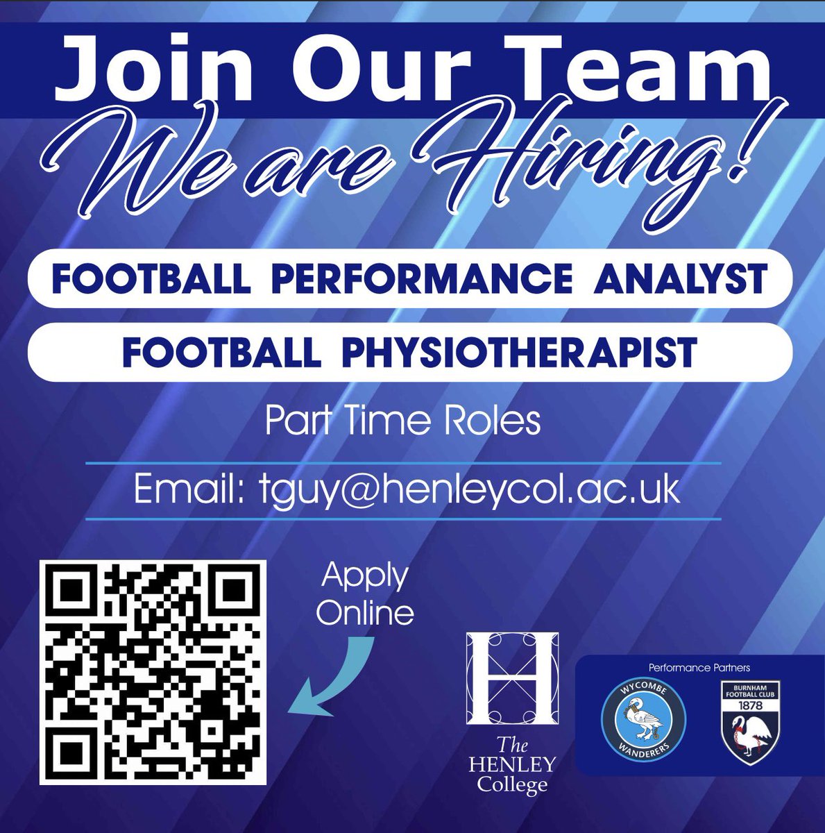 🚨 We’re Hiring! 🚨

Join our Elite Football Programme at The Henley College ⚽

We’re looking for passionate professionals for part-time roles:
🔹 Football Performance Analyst
🔹 Football Physiotherapist

📩 Email: tguy@henleycol.ac.uk
📲 Scan the QR to apply online today!