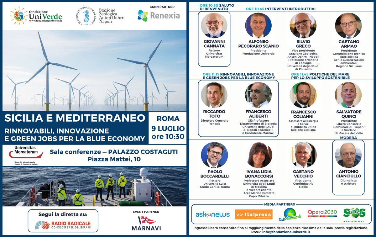 Fondazione UniVerde (@funiverde) on Twitter photo 🌊 Sicilia e Mediterraneo: rinnovabili, innovazione e green jobs per la blue economy
📌 Roma, 9 luglio, 10.30, <a href="/UniMercatorum/">UniMercatorum</a>
👥 Evento promosso da <a href="/FUniVerde/">Fondazione UniVerde</a> <a href="/SznDohrn/">Stazione Zoologica Anton Dohrn</a> con main partner <a href="/Renexia_it/">@renexia.it</a> e event partner Marnavi
🎥 Diretta: <a href="/RadioRadicale/">Radio Radicale</a>
📧 info@fondazioneuniverde.it 🌊 Sicilia e Mediterraneo: rinnovabili, innovazione e green jobs per la blue economy
📌 Roma, 9 luglio, 10.30, <a href="/UniMercatorum/">UniMercatorum</a>
👥 Evento promosso da <a href="/FUniVerde/">Fondazione UniVerde</a> <a href="/SznDohrn/">Stazione Zoologica Anton Dohrn</a> con main partner <a href="/Renexia_it/">@renexia.it</a> e event partner Marnavi
🎥 Diretta: <a href="/RadioRadicale/">Radio Radicale</a>
📧 info@fondazioneuniverde.it