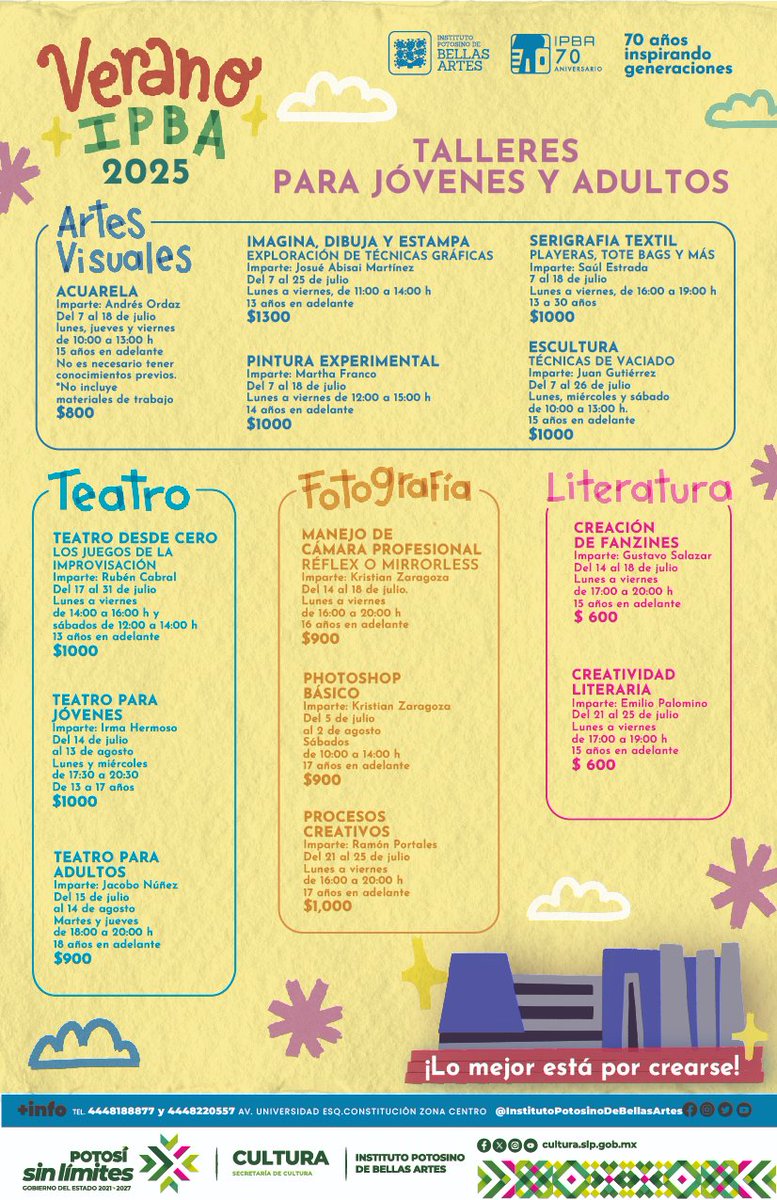 Instituto Potosino de Bellas Artes (@ipbaslp) on Twitter photo ¡Este lunes comenzamos nuestros talleres! ¿Ya te inscribiste? 🌞
Aprovecha tus vacaciones y aprende algo nuevo; tenemos muchas opciones para ti.
Inscripciones abiertas hasta agotar espacios.
😀 ¿Tienes dudas? Llámanos al: 4448188877 y 4448220557
informes@ipba.com.mx | #SomosIPBA ¡Este lunes comenzamos nuestros talleres! ¿Ya te inscribiste? 🌞
Aprovecha tus vacaciones y aprende algo nuevo; tenemos muchas opciones para ti.
Inscripciones abiertas hasta agotar espacios.
😀 ¿Tienes dudas? Llámanos al: 4448188877 y 4448220557
informes@ipba.com.mx | #SomosIPBA