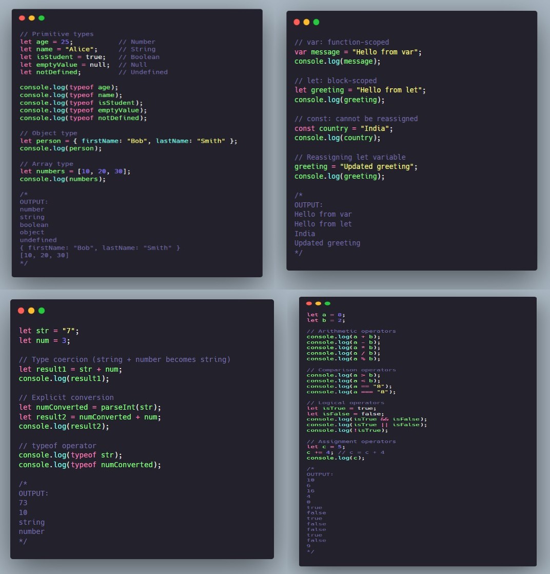 Naman_codes's tweet photo. 2) #Frontend - #JavaScript Kickoff! 
Learned:
-> Variables (var, let, const), scoping &amp; hoisting
-> Data types &amp; type coercion
-> typeof check
-> Operators (arithmetic, comparison, logical, assignment)
Laying a solid JS foundation!
#Coding #github @akshaymarch7 @rohit_negi9 https://t.co/f9ZSNBU13V