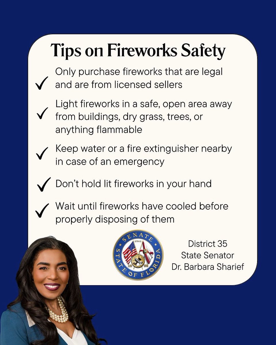 Barbarasharief's tweet image. 🎆 Fireworks Safety Tips for the 4th of July 🇺🇸

Celebrate safely with these essential do’s and don’ts for a sparkling (and injury-free) Independence Day!

#4thofJuly #DosandDonts #IndependenceDay #District35 #SenatorSharief #FireworksSafety