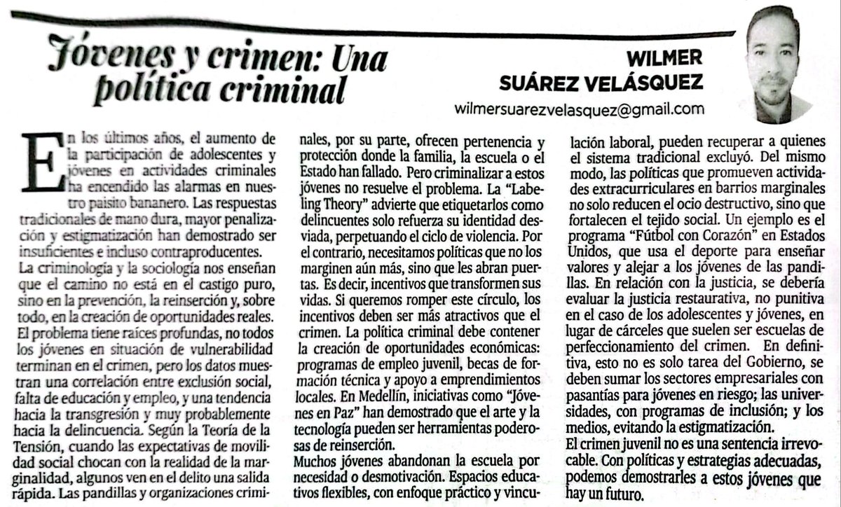 Wilmer Suárez (@suarez_wilmer) on Twitter photo El #crimenjuvenil no es una sentencia irrevocable. Con políticas, estrategias e incentivos adecuados, podemos demostrar a los #jóvenes que hay un #futuro.
<a href="/AsambleaEcuador/">Asamblea Nacional</a> al etiquetarlos como "delincuentes" refuerza su identidad desviada, perpetuando el ciclo de violencia. El #crimenjuvenil no es una sentencia irrevocable. Con políticas, estrategias e incentivos adecuados, podemos demostrar a los #jóvenes que hay un #futuro.
<a href="/AsambleaEcuador/">Asamblea Nacional</a> al etiquetarlos como "delincuentes" refuerza su identidad desviada, perpetuando el ciclo de violencia.