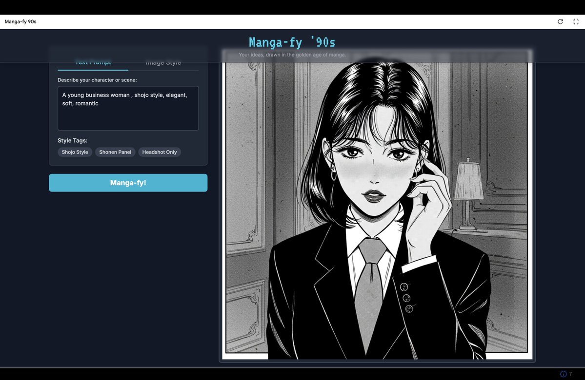 rjkyb5's tweet image. Just built a 90s manga-style image generator in under 30 minutes using @Google’s AI Studio for the @ThePracticalDev education track!
Enter a prompt or upload a photo → get retro black-and-white manga art.
#buildinpublic #learninpublic #GoogleAI