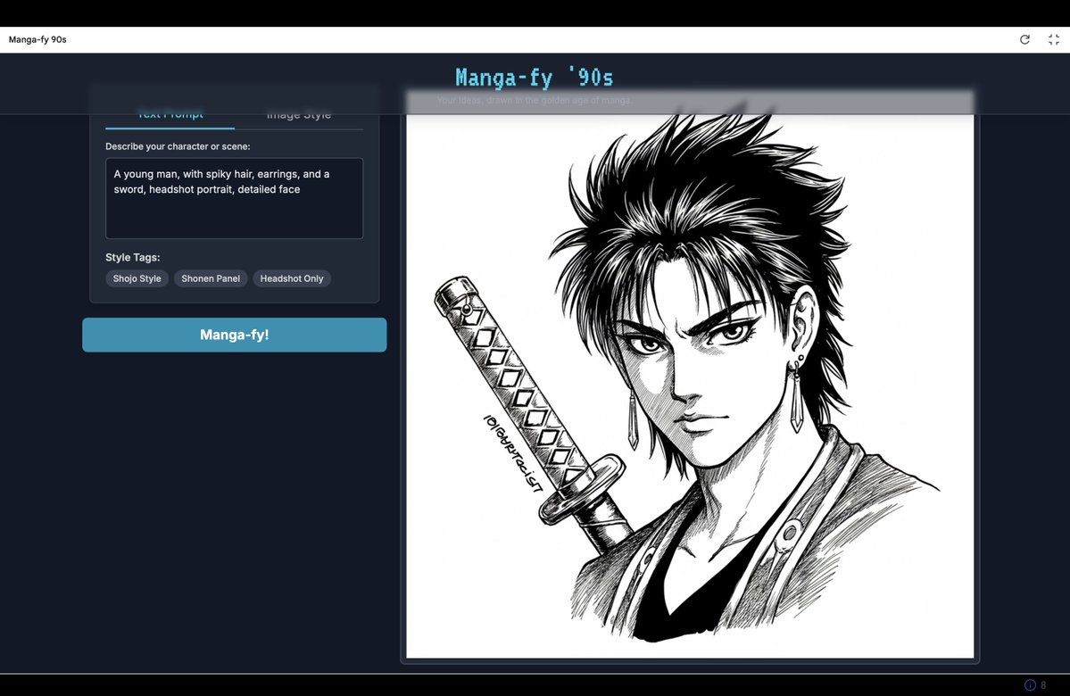rjkyb5's tweet image. Just built a 90s manga-style image generator in under 30 minutes using @Google’s AI Studio for the @ThePracticalDev education track!
Enter a prompt or upload a photo → get retro black-and-white manga art.
#buildinpublic #learninpublic #GoogleAI