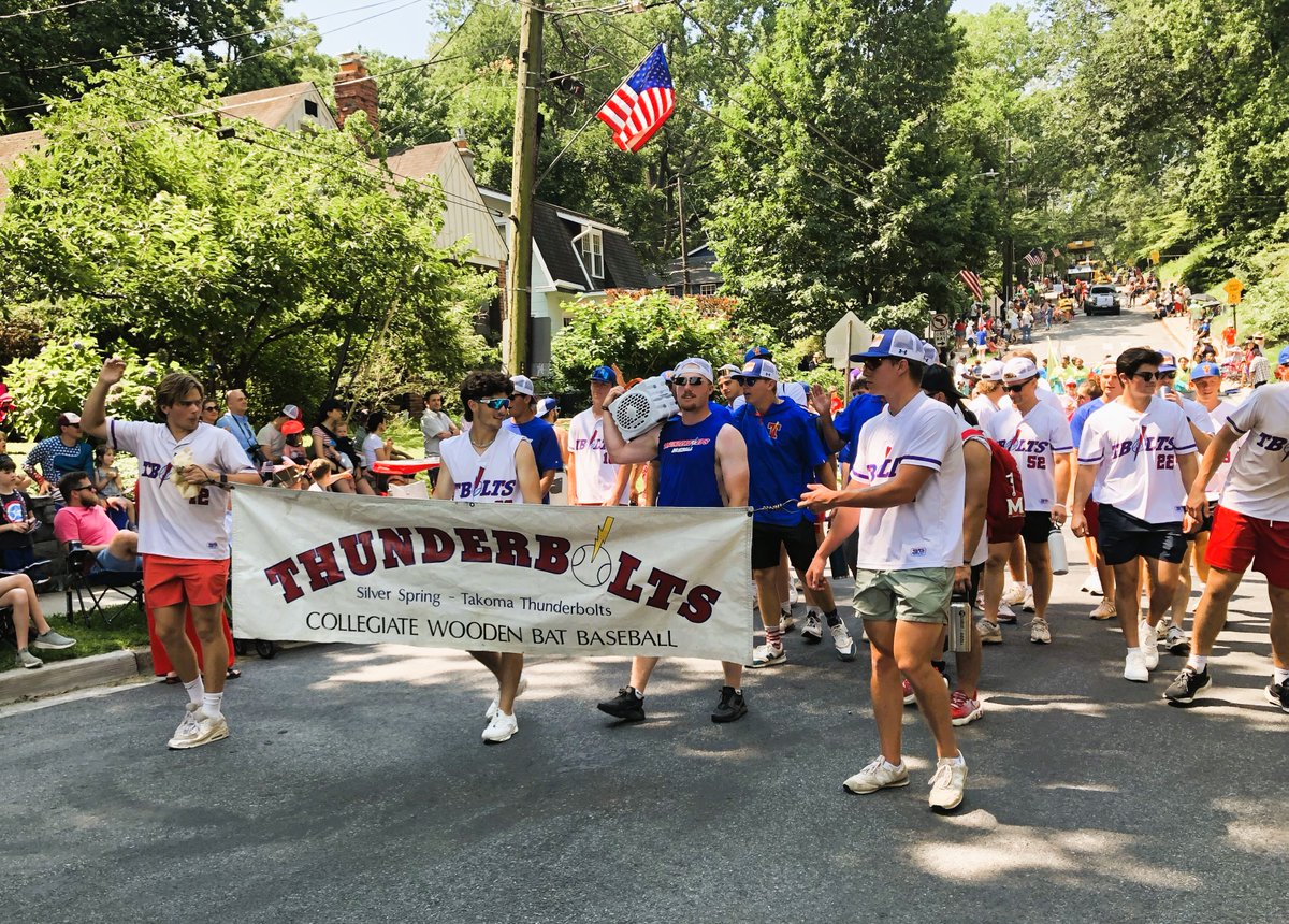 The Thunderbolts marched in today's Fourth of July Parade in Takoma Park, Maryland. Some 28 players and coaches came to show the banner of summer baseball in the region. Hats off to the coaches for insisting we take part. Further details at tbolts.org