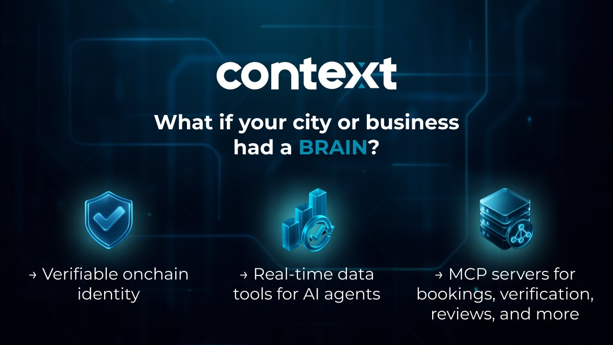 Your city deserves a Brain.

With Context Protocol, smart cities + businesses get:
🏙️ Verifiable AI-readable identities
⚙️ Real-time data tools for AI agents
📡 Trust anchors onchain

Don’t just publish a site. Build an agent.