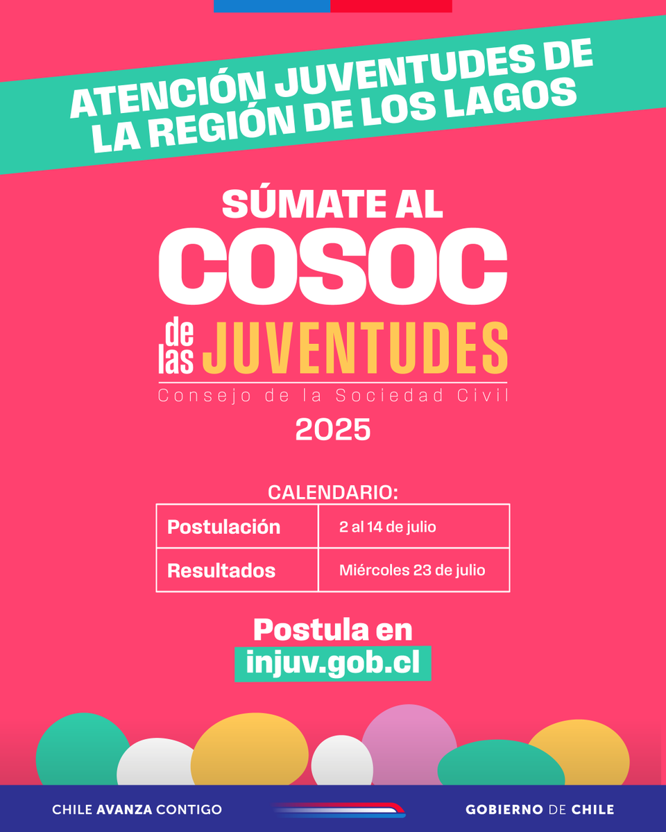 🗣️ ¡Tu voz importa! Si tienes entre 15 y 29 años, postula al COSOC de las Juventudes de Los Lagos 💬

📅 Postula del 2 al 14 de julio en 👉 injuv.gob.cl
#COSOCJuventudes #JuventudesLosLagos 🙌