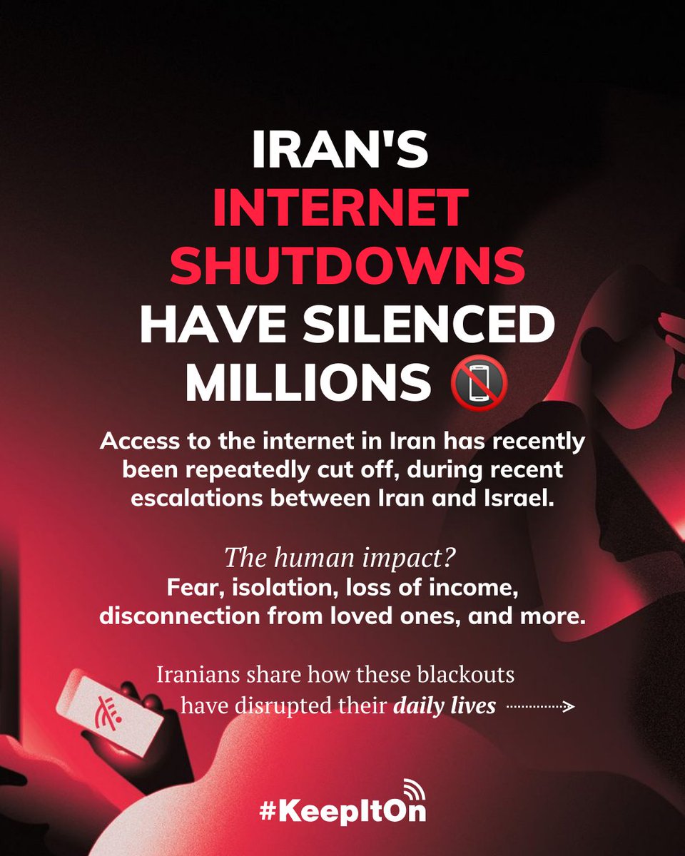 accessnow's tweet image. Recent internet shutdowns in Iran have left millions cut off from loved ones and the world.
Iranians share the emotional, financial, and personal toll of the recent shutdowns in Iran. ⬇️
Have you been affected? Share your story securely:
accessnow.org/keepiton-share…