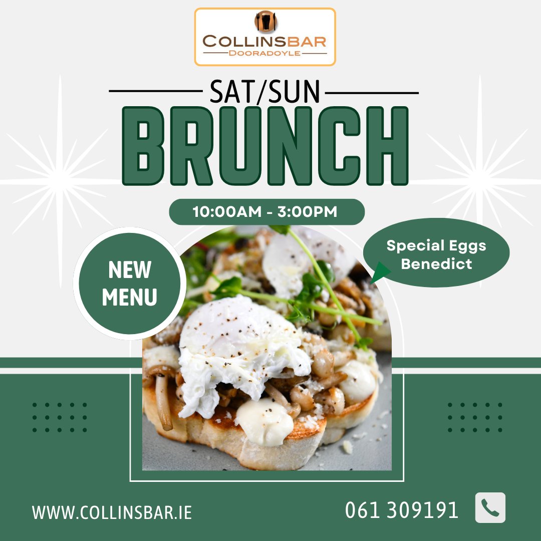 🥞 Brunch at Collins Bar!
Join us Sat &amp; Sun from 10am–3pm for award-winning brunch classics &amp; weekend vibes 🍳🥂
📍 Dooradoyle | 📞 061 309191
#BrunchTime #CollinsBar #LimerickEats #WeekendVibes #BrunchGoals