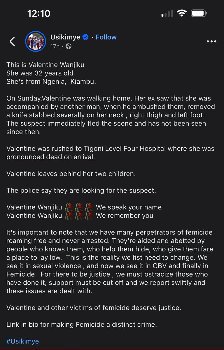 Seeing a familiar face does something to you honestly.

Valentine was 1 year behind me in High school.

She was Class Prefect. A brilliant, quiet, incredible girl.

This is very very Heartbreaking.

We need to Declare Femicide a Crime.

#ValentineWanjiku We Say Your Name.