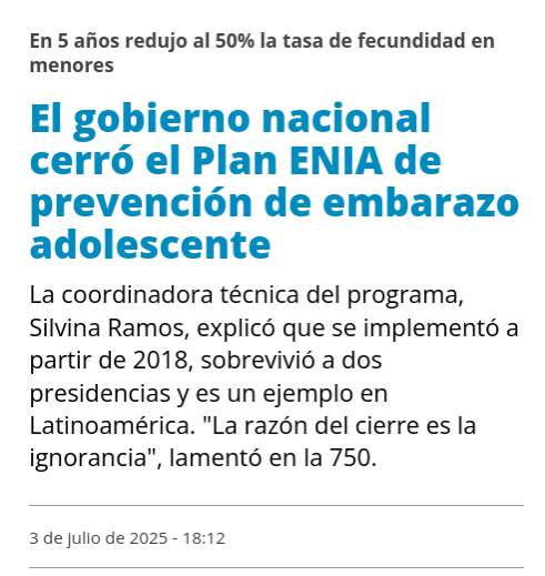 🇦🇷 Julio de 2025
Eliminaron el Plan Nacional de Prevención del Embarazo No Intencional en la Adolescencia (ENIA)
pagina12.com.ar/839234-el-gobi…