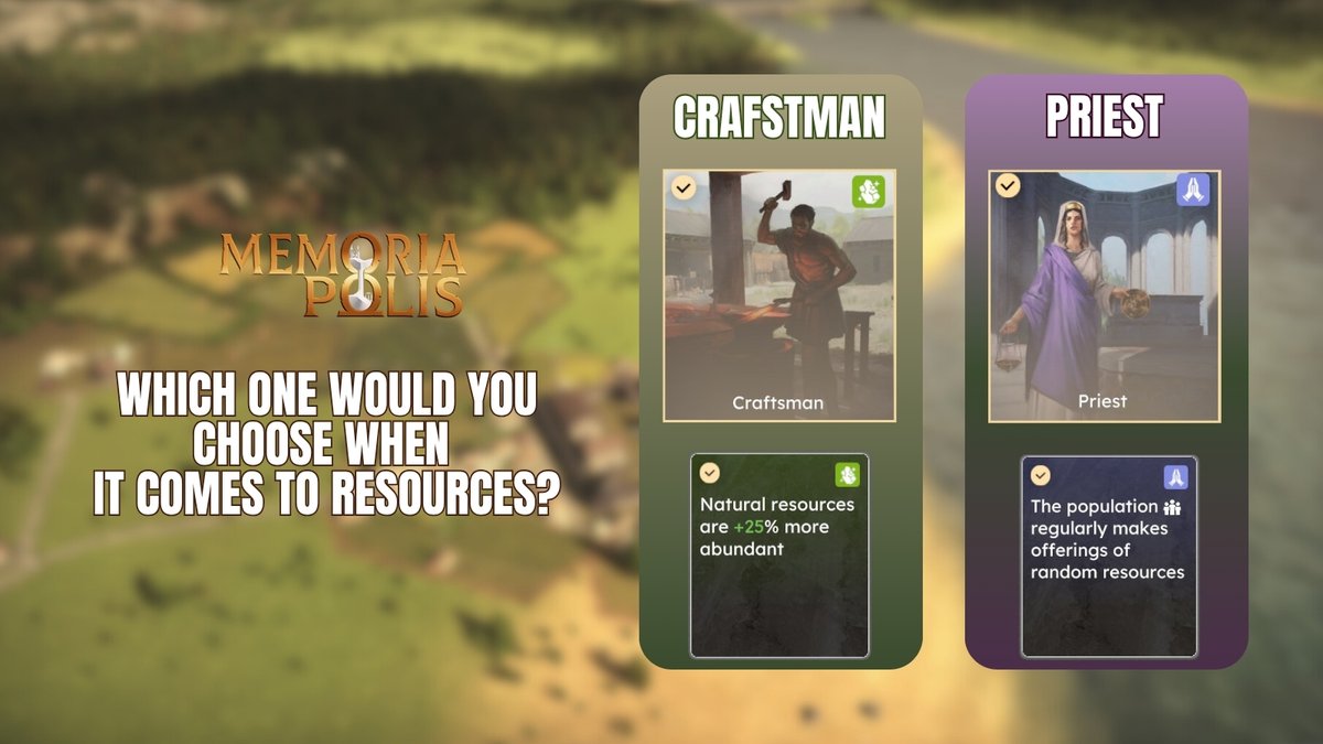 Which path are you picking? 
🛠️ Craftsman 
🙏 Priest
Both give you a small boost in resources, let us know in the comments!

#Memoriapolis #CityBuilder #ForYou