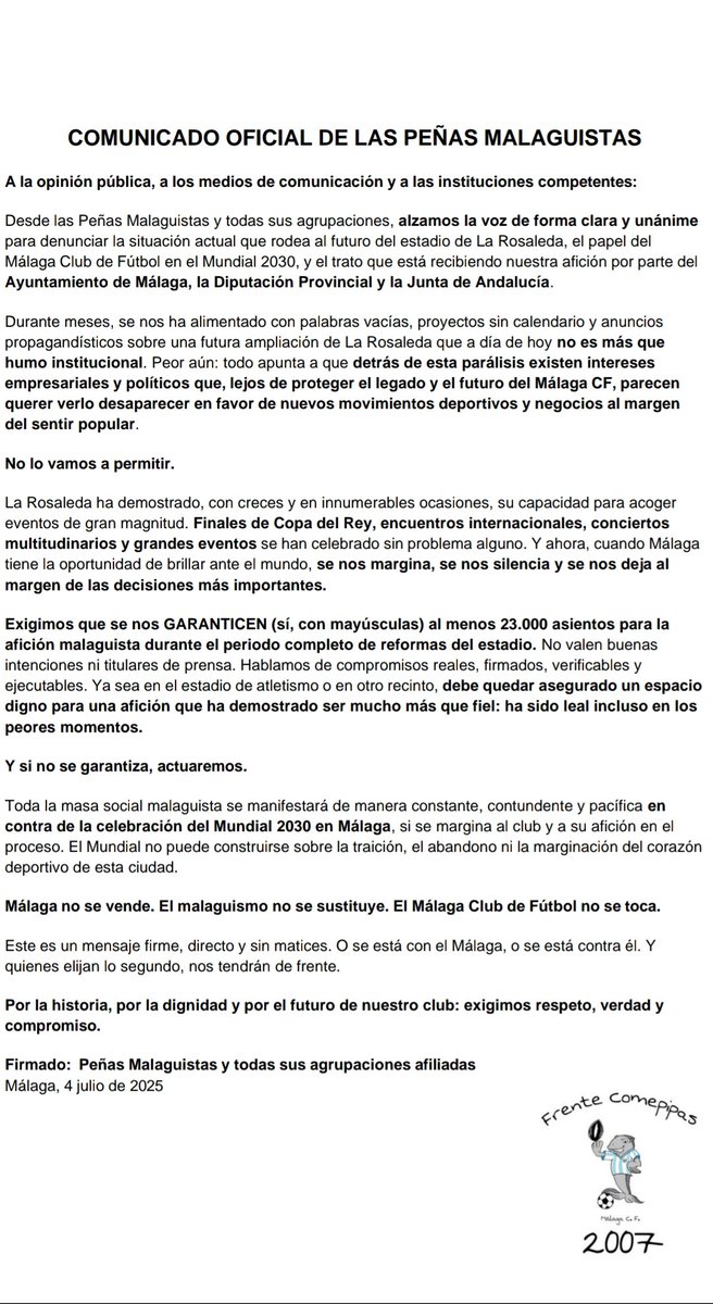 COMEPIPASFRENTE's tweet image. Jamás dejaremos a nuestro @MalagaCF solo, no permitiremos que entre unos cuantos se quieran cargar a nuestro club, un sentimiento que no se compra con dinero, quien este en contra del club nos tendrá en frente haremos todo lo que sea necesario. 
Pedimos respeto a esta afición.
