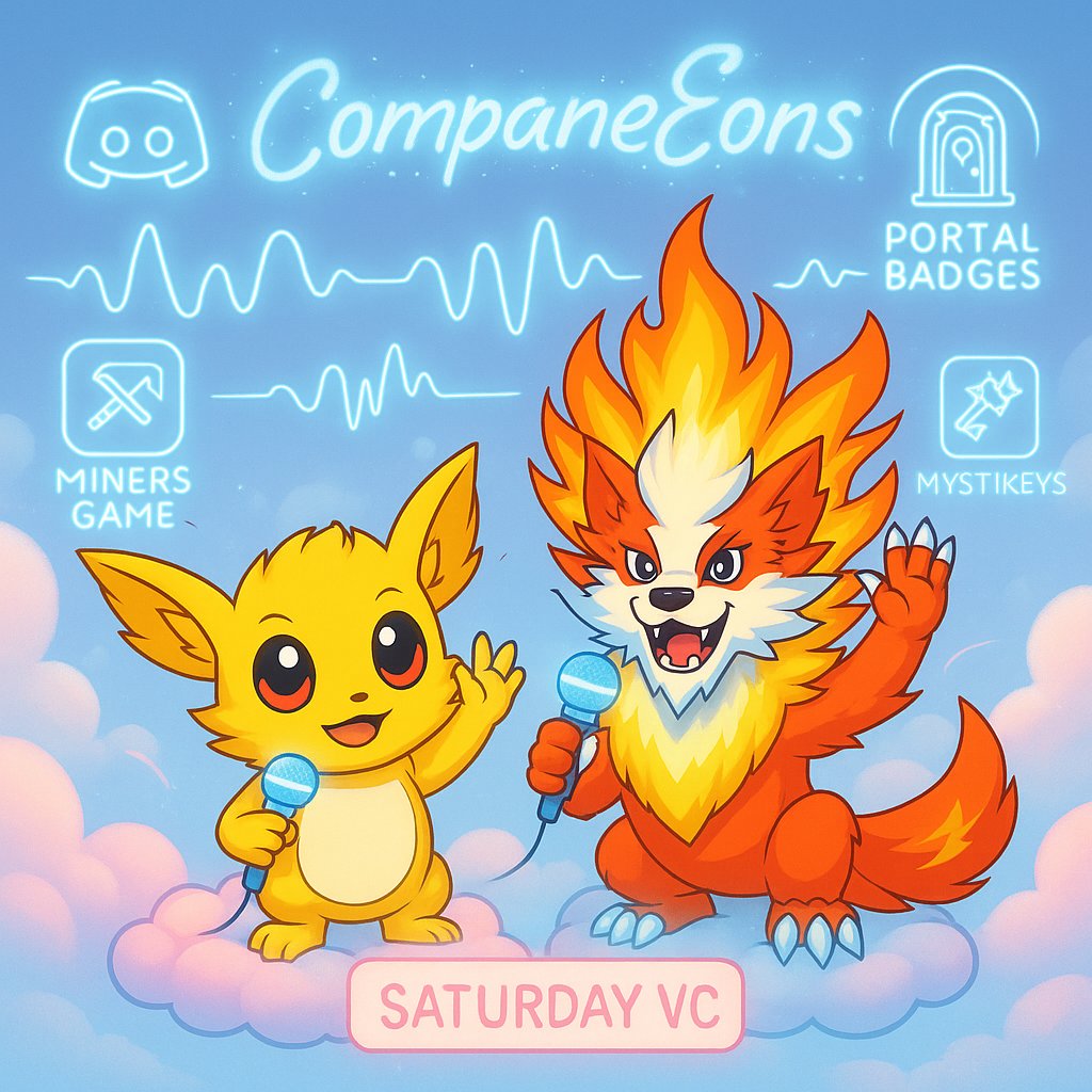 Companeons (@companeons) on Twitter photo 🚨 24 HOURS UNTIL OUR SATURDAY DISCORD VC GOES LIVE
🗓️ Every Saturday
⏰ 3 PM UTC
📍 Location: mee6.xyz/en/i/zbIeevHpaU
🤝 Hosted by <a href="/ChiefDopefox/">Chief Dopefox</a> & <a href="/ThowsandPercent/">Thowsand Percent</a>
🎯 WHAT TO EXPECT:
• Major Companeons alpha and roadmap updates
• Miners Game feature previews
• MystiKeys 🚨 24 HOURS UNTIL OUR SATURDAY DISCORD VC GOES LIVE
🗓️ Every Saturday
⏰ 3 PM UTC
📍 Location: mee6.xyz/en/i/zbIeevHpaU
🤝 Hosted by <a href="/ChiefDopefox/">Chief Dopefox</a> & <a href="/ThowsandPercent/">Thowsand Percent</a>
🎯 WHAT TO EXPECT:
• Major Companeons alpha and roadmap updates
• Miners Game feature previews
• MystiKeys