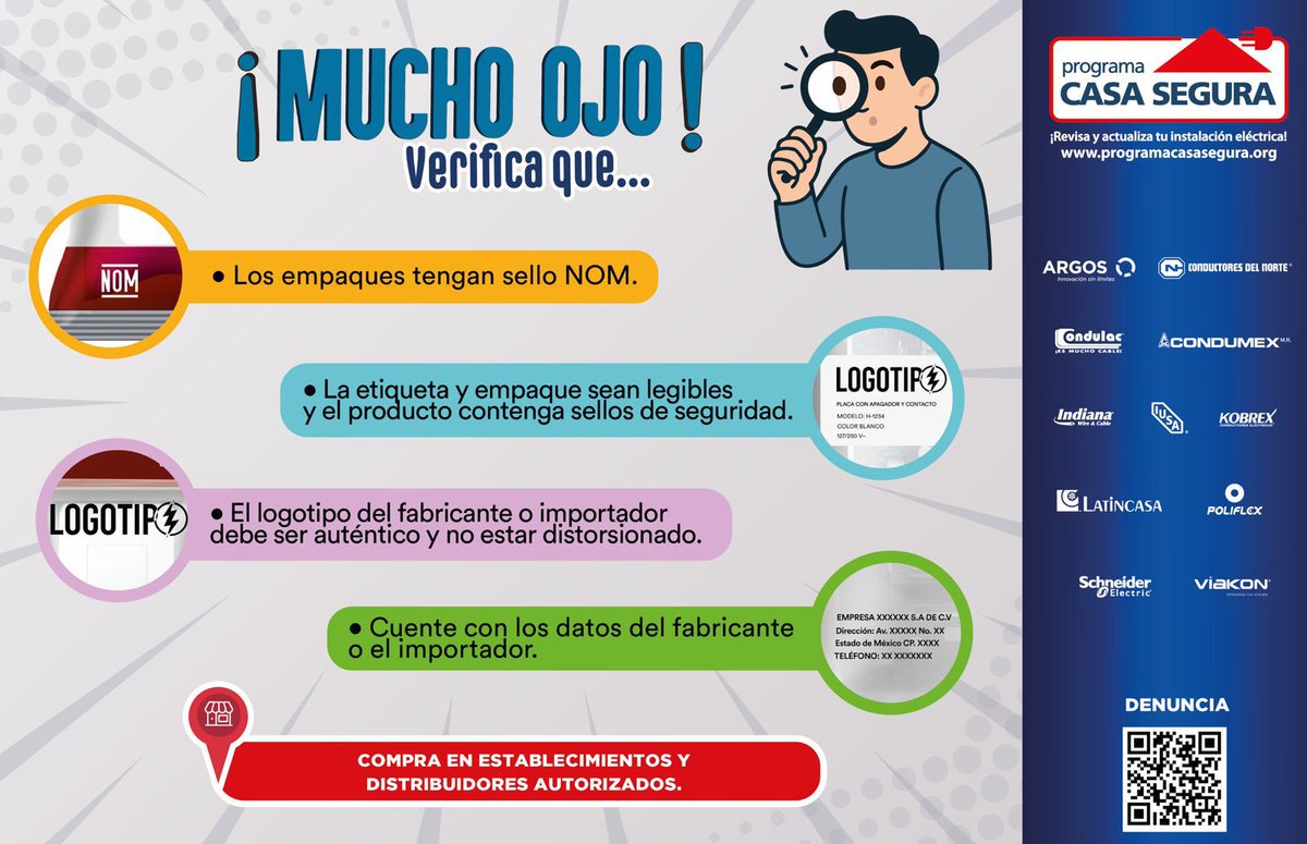 ⚠️ Antes de comprar productos eléctricos, verifica siempre que cuenten con sello NOM, logotipo auténtico del fabricante y datos completos del importador.
¡No pongas en riesgo tu instalación eléctrica ni tu seguridad! 🛑 

✅ Compra solo en distribuidores autorizados.
🔎 Revisa,