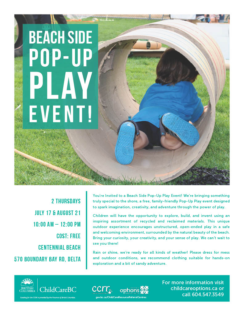 Join us for a free Pop-Up Play event at the beach, designed to spark imagination, creativity &amp; adventure through the power of play 
Location: Centennial Beach, 570 Boundary Bay Rd, Delta childcareoptions.ca/beach-side-pop… #popupplay #freeplay #loosepartsplay #letthemplay #play #DeltaCCRR