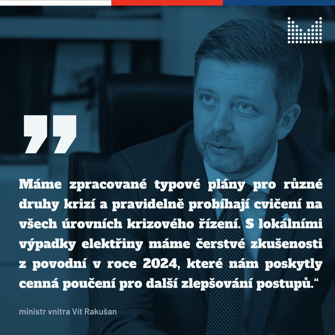 ℹ️Kvůli rozsáhlému výpadku proudu zasedl Ústřední krizový štáb.👇

▪️Většina odběrných míst už je připojena do sítě.
▪️Z 500 000 míst, u kterých byl výpadek, je bez proudu 2 000.
▪️ČEPS a ČEZ  pracují na tom, aby dodávky byly obnoveny co nejdříve.
▪️NÚKIB vyloučil kyberútok.⬇️